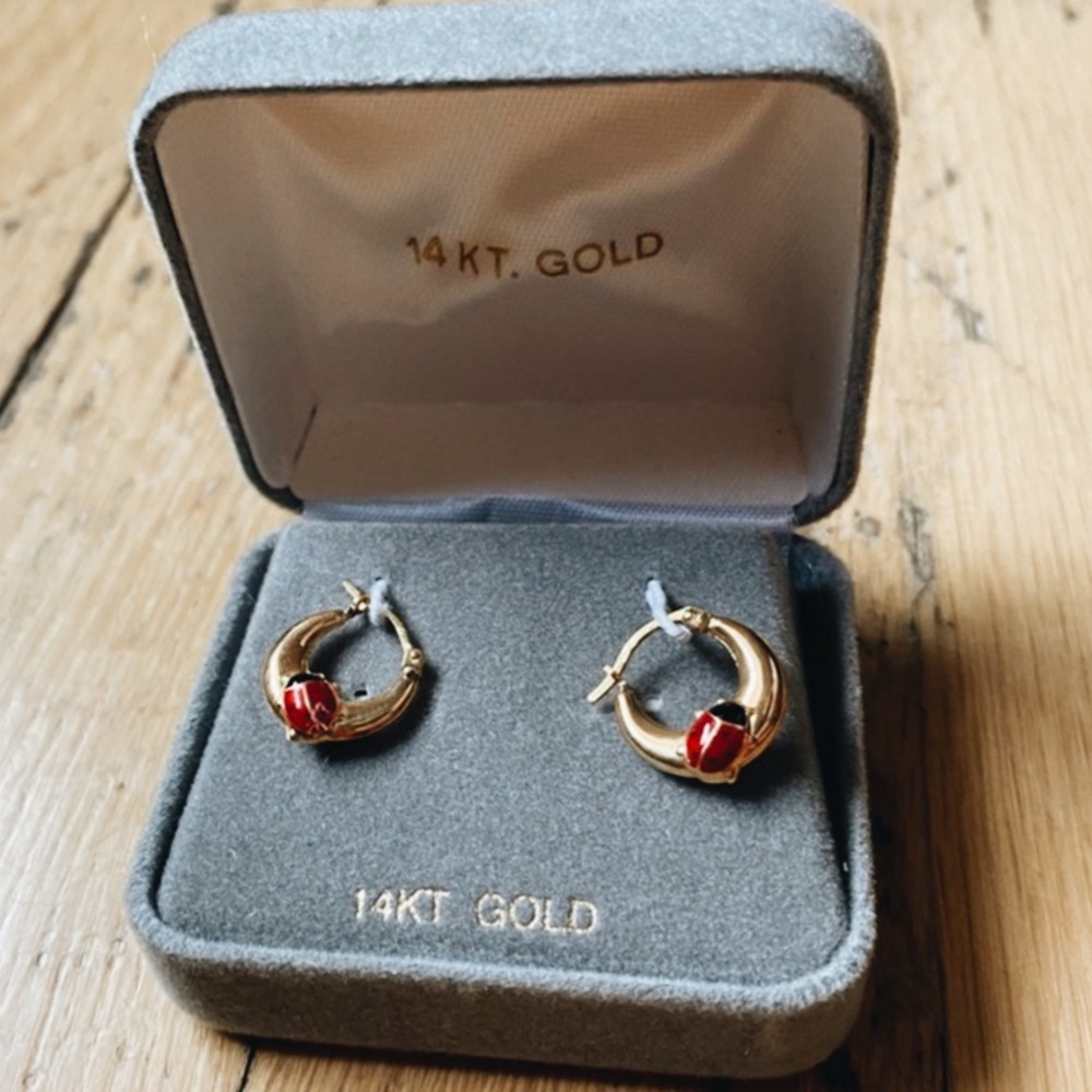 Ladybug Earrings, 14k Gold Earrings